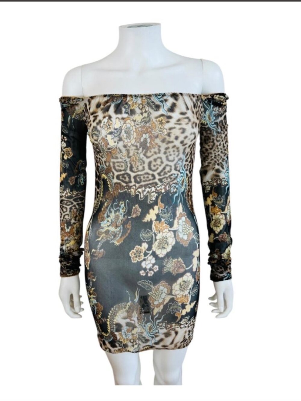 Vintage 2003 Roberto Cavalli Mesh Chinoiserie Leopard Dragon Mini Dress